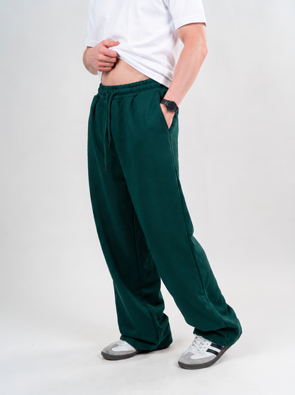 Wide Leg Melton Cotton Sweatpants - Dark Green