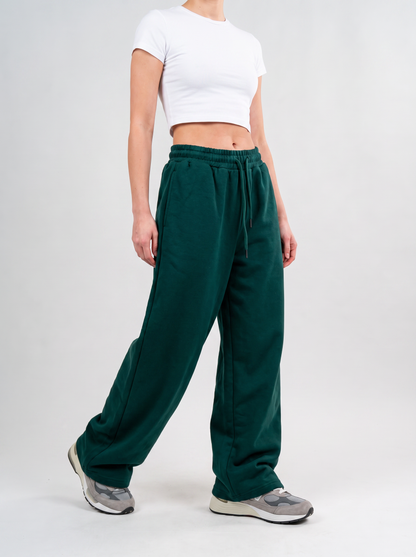 Wide Leg Melton Cotton Sweatpants - Dark Green
