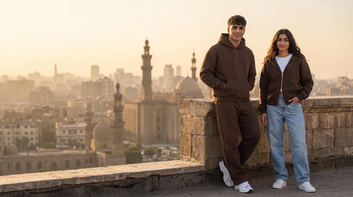 Sully winter collection - full brown set and zip hoodie with jeans on a Cairo rooftop